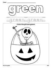 Free Halloween skeleton color green coloring page and color worksheet, green worksheet for preschoolers to learn colors, printable PDF