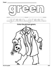 Free Halloween skeleton color green coloring page and color worksheet, green worksheet for preschoolers to learn colors, printable PDF