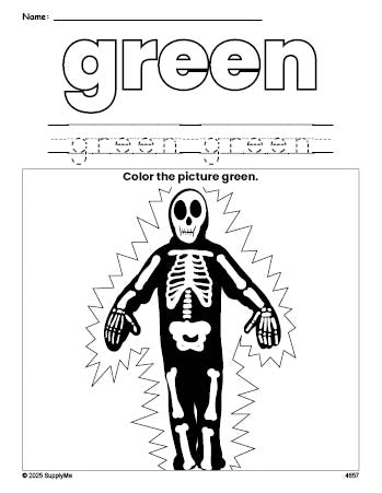 Free Halloween skeleton color green coloring page and color worksheet, green worksheet for preschoolers to learn colors, printable PDF