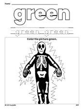 Free Halloween skeleton color green coloring page and color worksheet, green worksheet for preschoolers to learn colors, printable PDF