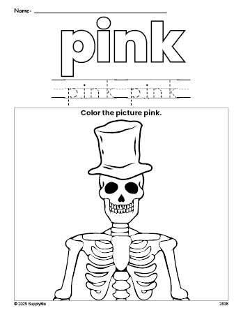 Free Halloween skeleton color pink coloring page and color worksheet, pink worksheet for preschoolers to learn colors, printable PDF