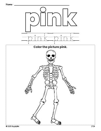 Free Halloween skeleton color pink coloring page and color worksheet, pink worksheet for preschoolers to learn colors, printable PDF