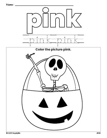 Free Halloween skeleton color pink coloring page and color worksheet, pink worksheet for preschoolers to learn colors, printable PDF