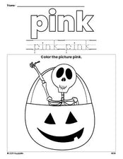 Free Halloween skeleton color pink coloring page and color worksheet, pink worksheet for preschoolers to learn colors, printable PDF