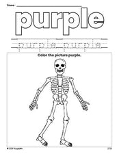 Free Halloween skeleton color purple coloring page and color worksheet, purple worksheet for preschoolers to learn colors, printable PDF