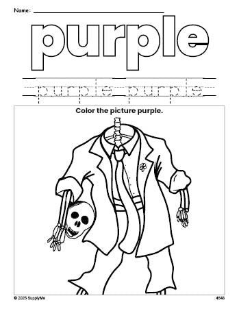 Free Halloween skeleton color purple coloring page and color worksheet, purple worksheet for preschoolers to learn colors, printable PDF