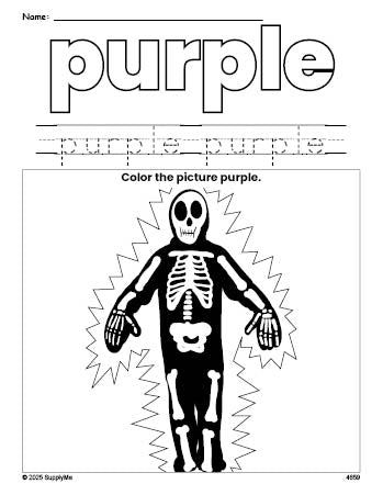 Free Halloween skeleton color purple coloring page and color worksheet, purple worksheet for preschoolers to learn colors, printable PDF