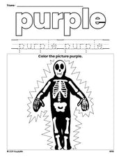 Free Halloween skeleton color purple coloring page and color worksheet, purple worksheet for preschoolers to learn colors, printable PDF