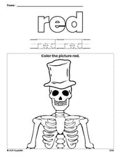 Free Halloween skeleton color red coloring page and color worksheet, red worksheet for preschoolers to learn colors, printable PDF