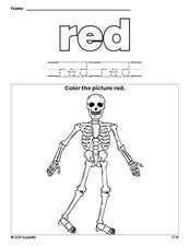 Free Halloween skeleton color red coloring page and color worksheet, red worksheet for preschoolers to learn colors, printable PDF