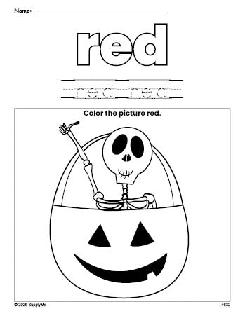 Free Halloween skeleton color red coloring page and color worksheet, red worksheet for preschoolers to learn colors, printable PDF