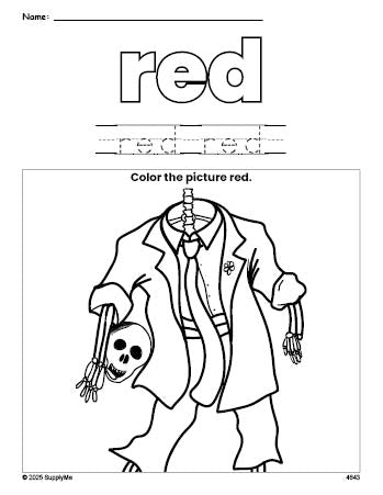 Free Halloween skeleton color red coloring page and color worksheet, red worksheet for preschoolers to learn colors, printable PDF