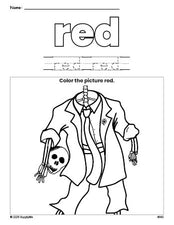 Free Halloween skeleton color red coloring page and color worksheet, red worksheet for preschoolers to learn colors, printable PDF