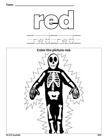 Free Halloween skeleton color red coloring page and color worksheet, red worksheet for preschoolers to learn colors, printable PDF