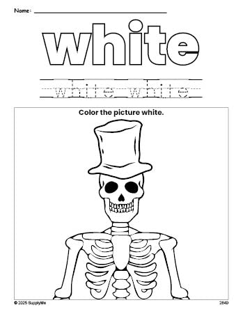 Free Halloween skeleton color white coloring page and color worksheet, white worksheet for preschoolers to learn colors, printable PDF