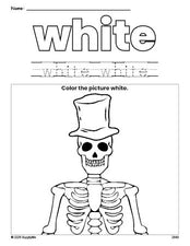 Free Halloween skeleton color white coloring page and color worksheet, white worksheet for preschoolers to learn colors, printable PDF