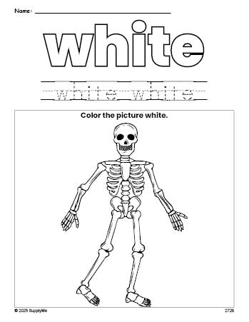 Free Halloween skeleton color white coloring page and color worksheet, white worksheet for preschoolers to learn colors, printable PDF