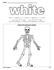 Free Halloween skeleton color white coloring page and color worksheet, white worksheet for preschoolers to learn colors, printable PDF