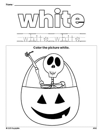 Free Halloween skeleton color white coloring page and color worksheet, white worksheet for preschoolers to learn colors, printable PDF