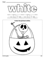 Free Halloween skeleton color white coloring page and color worksheet, white worksheet for preschoolers to learn colors, printable PDF