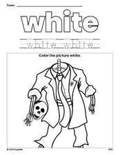 Free Halloween skeleton color white coloring page and color worksheet, white worksheet for preschoolers to learn colors, printable PDF