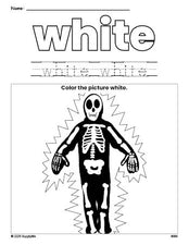 Free Halloween skeleton color white coloring page and color worksheet, white worksheet for preschoolers to learn colors, printable PDF