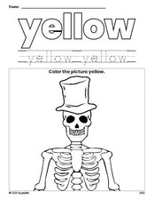 Free Halloween skeleton color yellow coloring page and color worksheet, yellow worksheet for preschoolers to learn colors, printable PDF