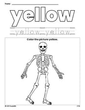 Free Halloween skeleton color yellow coloring page and color worksheet, yellow worksheet for preschoolers to learn colors, printable PDF