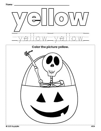 Free Halloween skeleton color yellow coloring page and color worksheet, yellow worksheet for preschoolers to learn colors, printable PDF