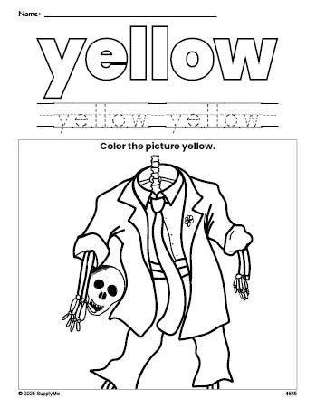 Free Halloween skeleton color yellow coloring page and color worksheet, yellow worksheet for preschoolers to learn colors, printable PDF