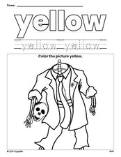 Free Halloween skeleton color yellow coloring page and color worksheet, yellow worksheet for preschoolers to learn colors, printable PDF