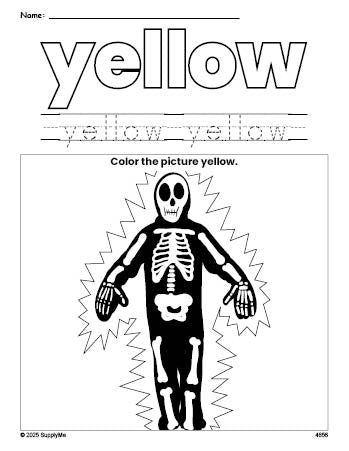 Free Halloween skeleton color yellow coloring page and color worksheet, yellow worksheet for preschoolers to learn colors, printable PDF