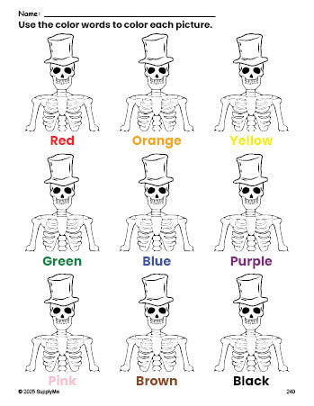 Free Halloween skeleton coloring page and color worksheet for preschoolers to learn colors, printable PDF