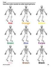 Free Halloween skeleton coloring page and color worksheet for preschoolers to learn colors, printable PDF