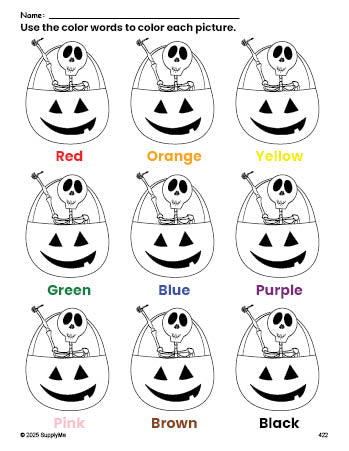 Free Halloween skeleton coloring page and color worksheet for preschoolers to learn colors, printable PDF