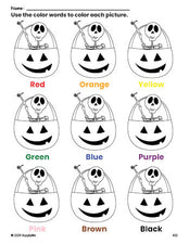 Free Halloween skeleton coloring page and color worksheet for preschoolers to learn colors, printable PDF