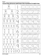 Free printable Halloween skeleton counting worksheet for preschool and pre-k with number tracing practice 1-10, PDF