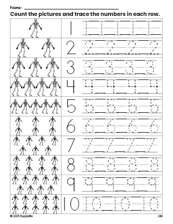 Free printable Halloween skeleton counting worksheet for preschool and pre-k with number tracing practice 1-10, PDF