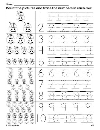 Free printable Halloween skeleton counting worksheet for preschool and pre-k with number tracing practice 1-10, PDF