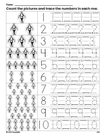 Free printable Halloween skeleton counting worksheet for preschool and pre-k with number tracing practice 1-10, PDF