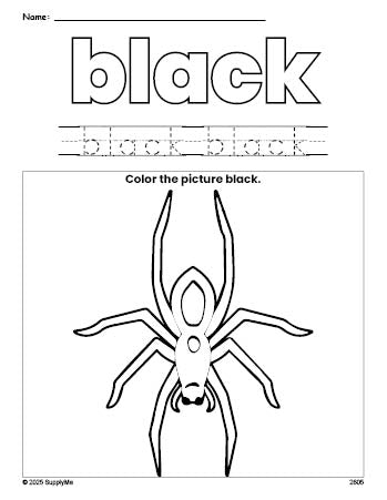 Free Halloween spider color black coloring page and color worksheet, black worksheet for preschoolers to learn colors, printable PDF