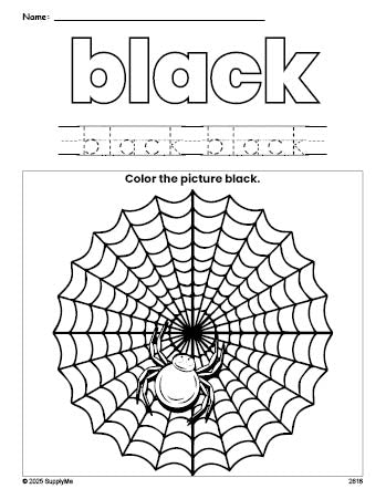 Free Halloween spider color black coloring page and color worksheet, black worksheet for preschoolers to learn colors, printable PDF