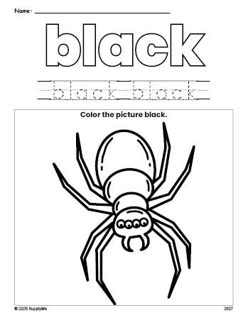 Free Halloween spider color black coloring page and color worksheet, black worksheet for preschoolers to learn colors, printable PDF