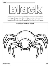 Free Halloween spider color black coloring page and color worksheet, black worksheet for preschoolers to learn colors, printable PDF