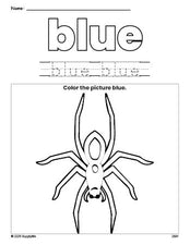 Free Halloween spider color blue coloring page and color worksheet, blue worksheet for preschoolers to learn colors, printable PDF