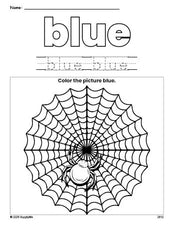 Free Halloween spider color blue coloring page and color worksheet, blue worksheet for preschoolers to learn colors, printable PDF