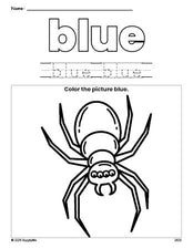 Free Halloween spider color blue coloring page and color worksheet, blue worksheet for preschoolers to learn colors, printable PDF