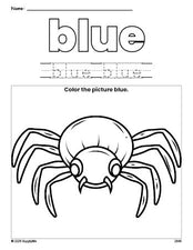 Free Halloween spider color blue coloring page and color worksheet, blue worksheet for preschoolers to learn colors, printable PDF