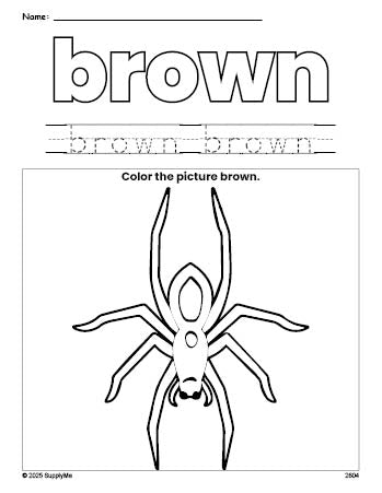 Free Halloween spider color brown coloring page and color worksheet, brown worksheet for preschoolers to learn colors, printable PDF