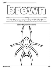 Free Halloween spider color brown coloring page and color worksheet, brown worksheet for preschoolers to learn colors, printable PDF